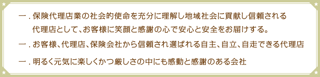 一.保険代理店業の社会的使命を充分に理解し地域社会に貢献し信頼される代理店として、お客様に笑顔と感謝の心で安心と安全をお届けする。一.お客様、代理店、保険会社から信頼され選ばれる自主、自立、自走できる代理店。一.明るく元気に楽しくかつ厳しさの中にも感動と感謝のある会社。